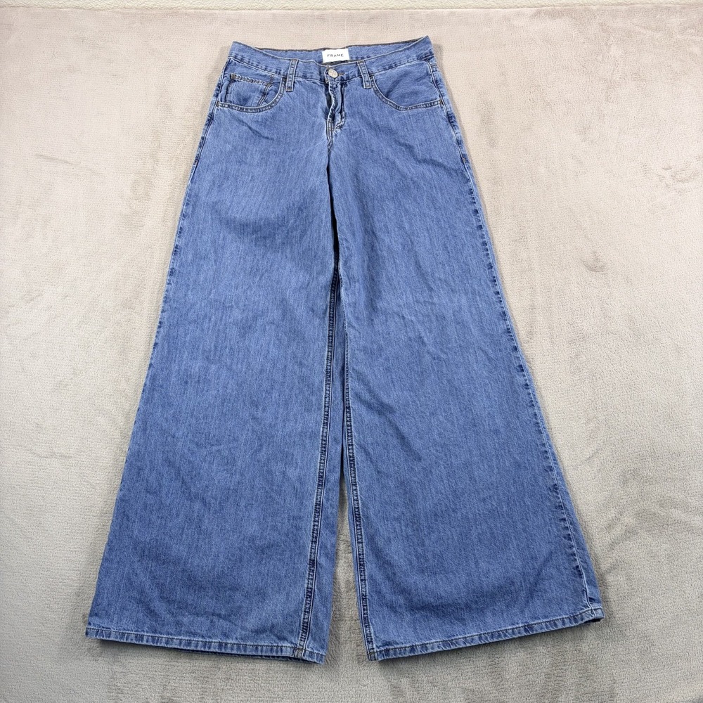 FRAME Le Mid Wide Leg Jean in Happy Indigo Wash Women 26 Palazzo Designer